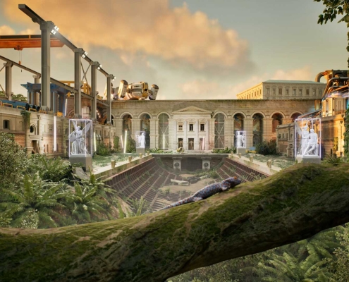 Opening view from the Rebirth of Eden video. Post-apocalyptic baroque-style structure surrounded by jungle vegetation with classical statues, futuristic machinery, and a sunlit sky in the background.