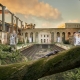 Opening view from the Rebirth of Eden video. Post-apocalyptic baroque-style structure surrounded by jungle vegetation with classical statues, futuristic machinery, and a sunlit sky in the background.