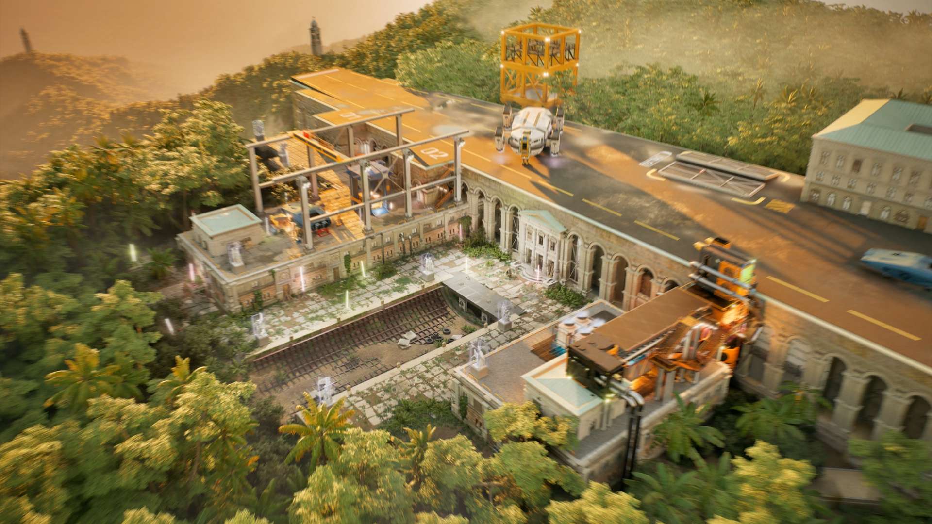 Aerial view of a futuristic baroque complex surrounded by jungle, featuring a helipad with a drone, elevated roads, classical architecture, and overgrown ruins.