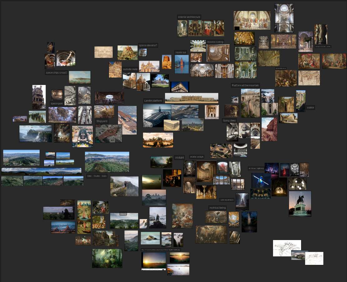 Visual moodboard composed of architecture, nature, sci-fi, and historical references, used during the concept development of a digital environment.