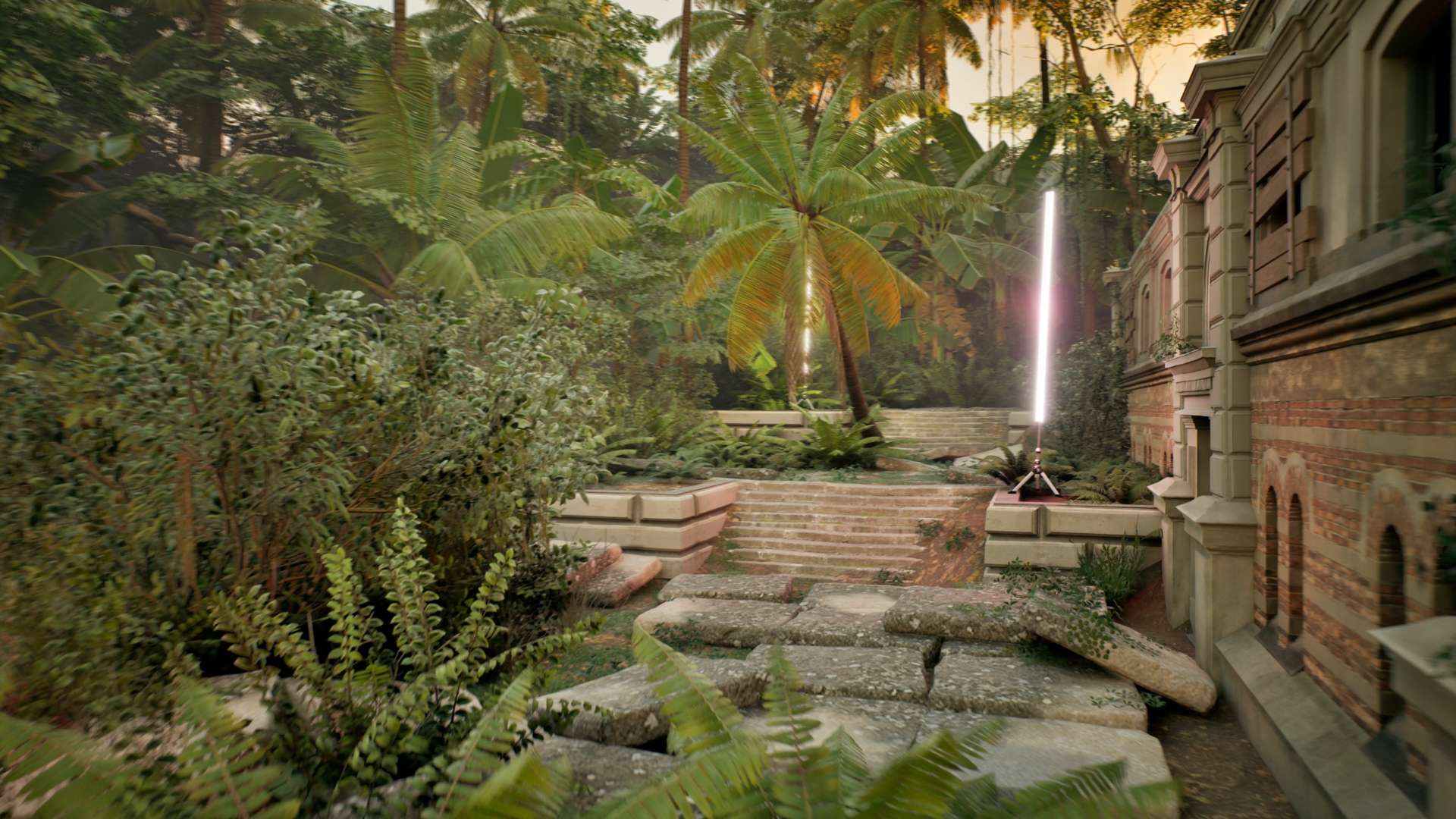 Overgrown stone pathway beside a decaying neoclassical building, surrounded by tropical plants and palm trees, with vertical light poles illuminating the scene.