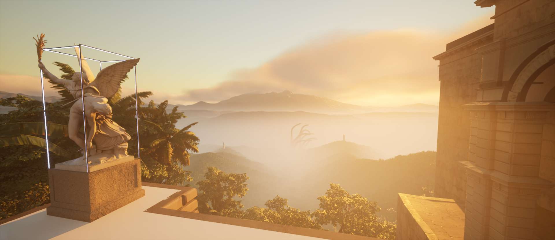 Statue of a winged figure lit by soft sunrise light, overlooking misty jungle mountains with a hidden tentacled creature emerging faintly in the distance.