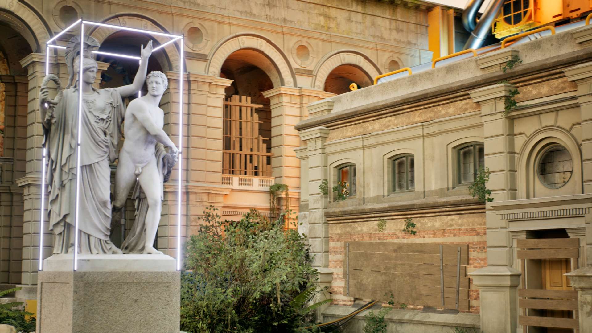Close-up of two classical statues enclosed in a glowing frame, set against a weathered neoclassical building façade with boarded windows and overgrown plants.